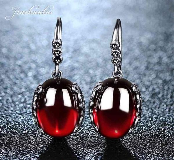 Pendientes de plata Retro JIASHUNTAI para mujer, piedras rojas y amarillas Vintage con joyería india de Ley 925, pendientes 2106244781251