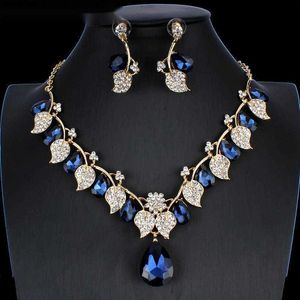 Jiayijiaduo Bruids Bruiloft Sieraden Set / Kristal Ketting Oorbellen Klassiek Bladtype voor Vrouwen NE+EA Y200602 QN8M