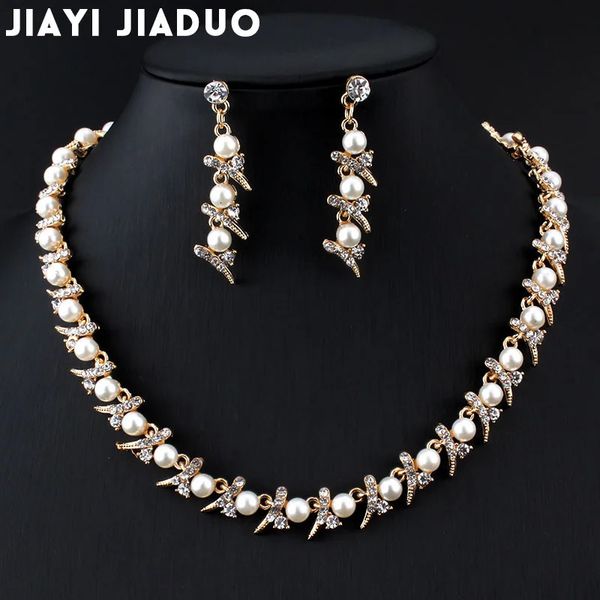 Jiayijiaduo imitation perle collier boucles d'oreilles ensemble couleur or mariage cheveux bijoux commerce goutte femmes Costume 240220