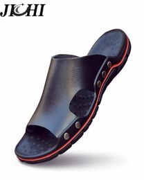 Jichi High Quality Summer Men Chaussures en cuir plage plates plates pantoufles décontractées légères moteurs extérieurs Chaussures adultes grandes taille 48 2103011084230