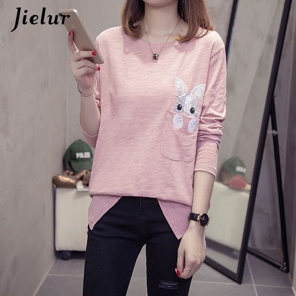 JIELUR Automne lapin Broderie Femme T-shirt à manches longues mignonnes Coréen T-shirts Coréen Blanc Col O-Colf noir T-shirts M-XXL T200319