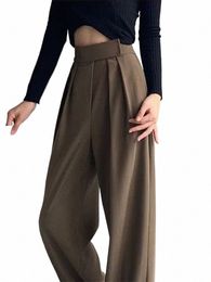 Jielur Brown Pierna ancha Mujeres Traje clásico Pantalones Vintage Palazzo Oficina Elegante Casual Pantalones negros Mujer Pantalones de cintura alta p6wM #