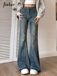 Jielur moda Slim Casual Vintage azul Jeans para mujer invierno estilo americano Chic Oficina señoras bolsillos básicos pantalones acampanados femeninos
