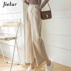Jielur mode pantalon à jambes larges femmes coton lin taille haute couleur unie poches noir kaki pantalon S-XXL printemps 210925