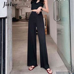 Jielur taille haute pantalon plissé femme S-XXL mince simple lâche droite femme pantalon noir bleu marine jambe large longue 210925