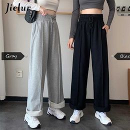 Jielur High-taille Pants Drawstring M-XL Wide Pent Women Cool Black White Casual Harajuku BF Joggingbroek Broek 211115