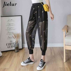 Jielur Ice Silk Pants Vrouw Borduurwerk Harem Dames Dunne Losse Mesh Casual Sunscreen Black Pantalon Femme S-XXL 210925