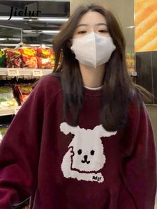 Jielur coréen noir bordeaux vestes à capuche femmes chaud polaire mignon lapin Kpop sweat filles Oneck Kawaii haut femme à capuche MXXL 240219