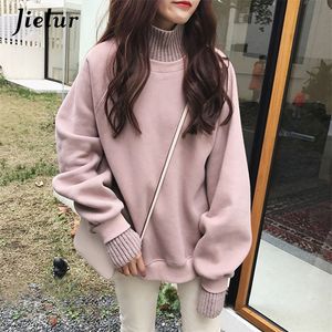 Jielur Style coréen Sweats à capuche femme hiver faux deux pièces col roulé femmes sweat-shirt en vrac épais polaire pulls taille MXL 220818