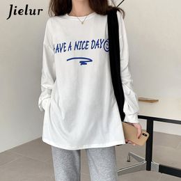 Jielur Style coréen à manches longues lettre t-shirt blanc bas chemise femmes automne Harajuku lâche fendu haut long femme 220615