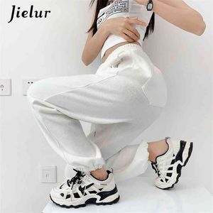 Jielur coréen blanc bleu pantalon femmes taille haute lâche cordon sarouel décontracté confortable femme sport rue s-xl 210925