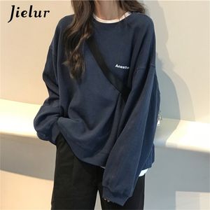 Jielur Kpop lettre à capuche mode coréenne mince Chic femmes sweats Cool bleu marine gris sweats à capuche pour femmes MXXL 220818