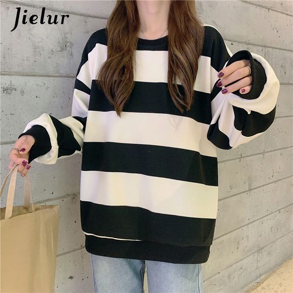 Jielur manches longues ONeck lâche pulls hauts femmes blanc noir simple pulls rayés Vintage vert Harajuku Hoodies MXL 220815