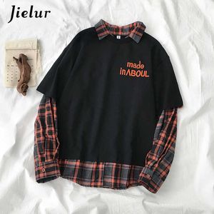 Jielur Plaid Patchwork Sweat-shirt Femmes Faux Deux Pièces Gris Noir Blanc Sweats à capuche Street Fashion Loose Polo Femme Sweatshirts 210930