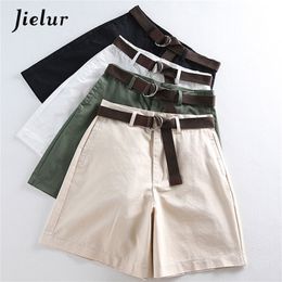 Jielur Shorts All-match 4 Solid Color Ceintures Casual Shorts Femmes A-ligne Taille Haute Mince Court Femme Chic S-XXL Dames Bas 220419