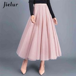 Jielur Jupes Automne 3 Couches Princesse Tulle Maille Jupe Plissée Saia Femme Jupe Été Tutu Jupes Faldas Mujer Moda 210721