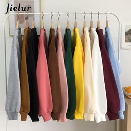 Jielur Solid Color Hoodies Femmes Jersey Hiver Polaire Coréen Harajuku Sweat Femmes Kpop Kawaii Noir Rose Femmes Pull 201031