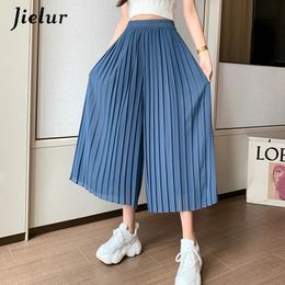 Jielur Zomer Geplooide Chiffon Wijde Pijpen Broek Vrouwen Casual Zwarte Midi Broek Vrouwen Hoge Taille Rechte Broek 231229