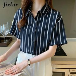 Jielur Summer Shortleved Striped Shirt Loose Office Casual Ladies Turndown Collar femenino S2XL Tamaño 240407