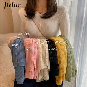 JIELUR Sweater Vrouwen Effen Kleur O-hals Pullovers Basic Primer Pull Femme Button Chic Jumper Zachte Slanke Herfst Gebreide truien 210918