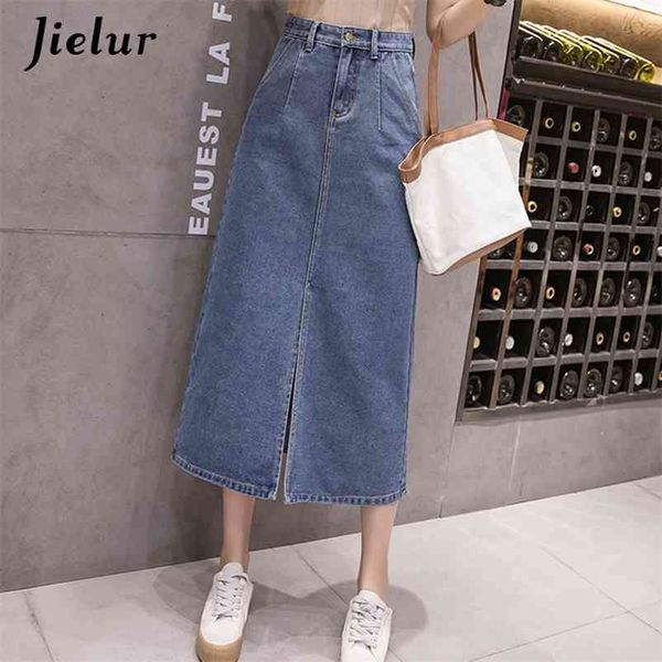 Jielur femmes jupe Demin Style coréen taille haute jupes Jeans dames grande taille S-5XL dames casual poches Faldas Largas Verano 210412