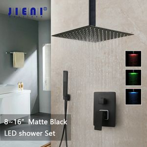 JIENI 8 12 16 Inch Black Bathroom Shower Faucet Set Ceiling Mount Black LED Shower Head Mixer Tap W/ Rainfall Shower Faucets Set LJ201211