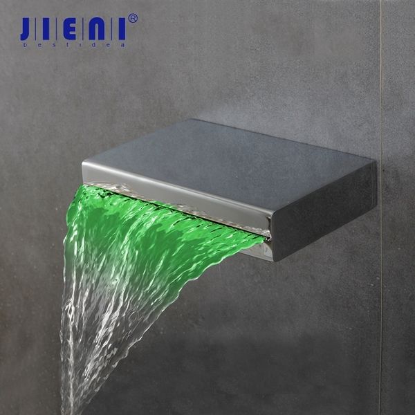 JIENI Baño Montaje en pared Cromo Latón Mezclador Grifo Grifo Caño LED Cambio de color Baño Lavabo Fregadero Grifo Cascada Caño 200925