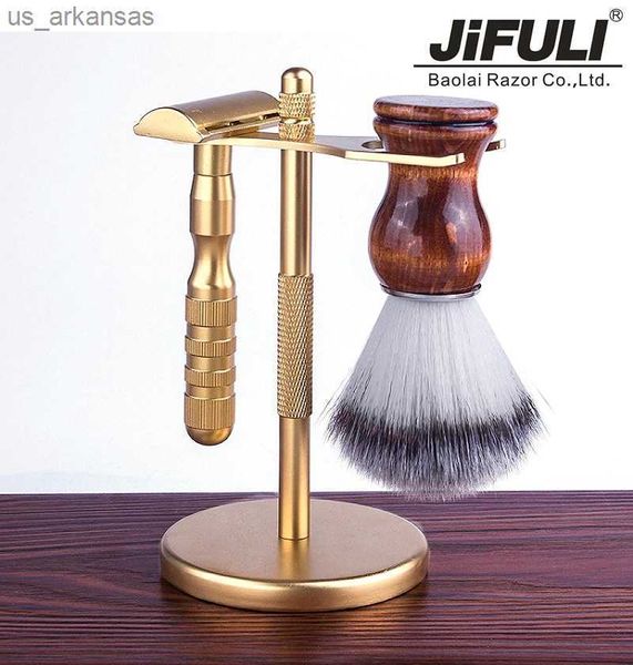 JiFULI - Maquinilla de afeitar de seguridad clásica de doble filo de alta calidad para hombres, soporte de brocha de afeitar Manual, juego de regalo, cuchillas de afeitar L230523