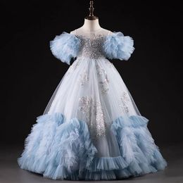 Jill luxe bleu dubaï fleur fille robe perles arabe princesse enfants mariage fête d'anniversaire longue robe de bal 2024 J387 240312