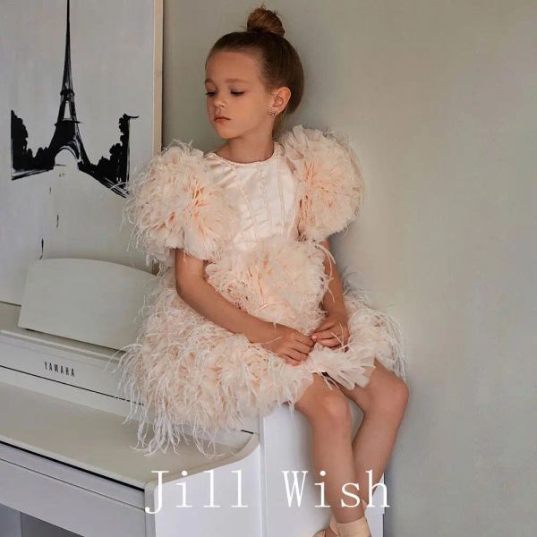 Jill Wish Elegant Mini Rose Gol Flower Girl Robes Satin plumes mignons bébé enfants d'anniversaire de mariage robe de fête de fête J106