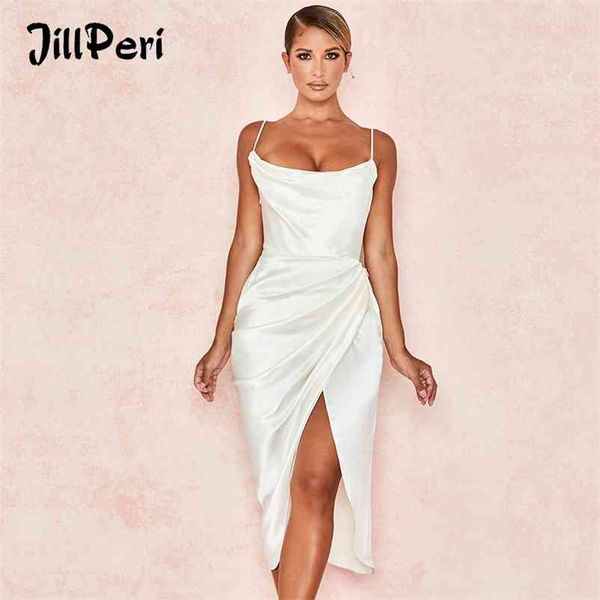 JillPeri sans manches froncé irrégulière robe midi stretch satin jambe ouverte sexy club wear femmes tenues robe corset 210331