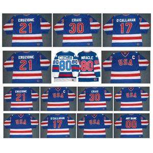 JIM CRAIG K1 1980 Team USA Hockey Jersey JACK O'CALLAHAN MIKE ERUZIONE Miracle Awawy Blue Maat S-5XL zeldzaam