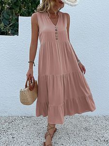 Jim Nora Casual Summer Midi Dres Mouwloze tank V -nekknopen Ruffel losse jurken strand soild Sundress Fashion 240325