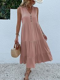 Jim Nora Casual Summer Midi Dress Dames Mouwloze Tank V Neck Buttons Ruffle losse jurken strand Soild Sundress Fashion 240424