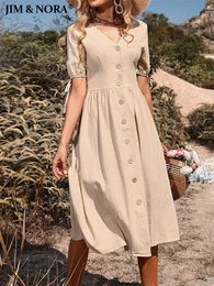 Jim Nora Womens V Neck Button Down Casual Midi Dress A-Line Solid Summer Jurken Short Mouw Fashion Sundress 240423