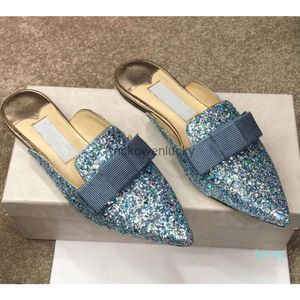 Jimmyness Choo Gala schoenen van hoge kwaliteit Glitter 2022-elegante designer sandalen Leren pantoffels Flats met strik Mode dames puntige neus Casual muiltjes Platte dames