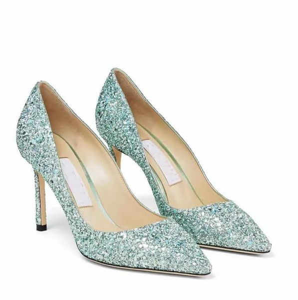 Jimmyness Choo Mujeres Top Bombas de lujo Sandalias de marca Tacones altos Italia Delicado Punta puntiaguda Colorido Clastic Glitter Diseñador Sexy Ladies Wedding Party Sandalia Eu 35-42