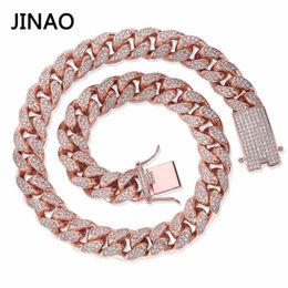 JINAO – chaîne glacée en Zircon pour hommes, 14mm, Miami, lien cubain, collier ras du cou en cuivre scintillant, bijoux Hip Hop, or rose, 16-30''254a