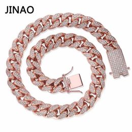 JINAO – chaîne glacée en Zircon pour hommes, 14mm, Miami, lien cubain, collier ras du cou en cuivre scintillant, bijoux Hip Hop, or rose, 16-30''2881