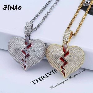 Jinao mode gebroken hart iced out ketting hanger ketting verklaring gouden kleur kubieke zirkoon ketting hiphop heren sieraden cadeau x0707