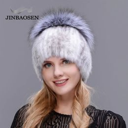 JINBAOSEN Style hiver femme fourrure chapeau vison fourrure Plus fourrure de renard couture tricot doublure fourrure Ski chapeau 240127