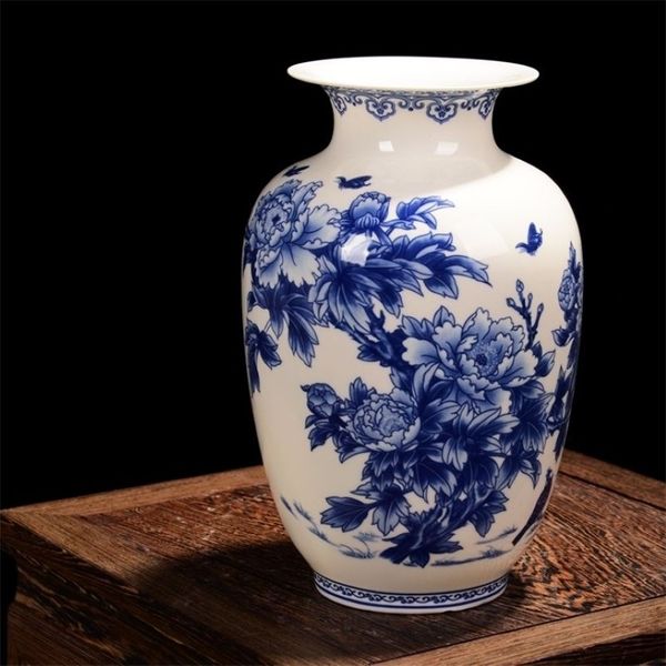 Jingdezhen-jarrones de porcelana azul y blanca, jarrón chino de hueso fino, decorado con peonías, jarrón de cerámica de alta calidad LJ201208339T