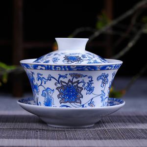 Jingdezhen – service à thé kung fu antique en céramique bleu et blanc, trois grands talents, bol de couverture, porcelaine blanche, ensemble de tasses à thé directes d'usine