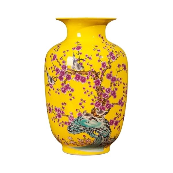 Jingdezhen céramique vase jaune décoration nouveau salon classique chinois meuble TV décoration de la maison arrangement floral vase LJ201208