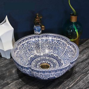 Jingdezhen chine fait à la main Lavabo lavabo bleu et blanc artistique salle de bain évier salle de bain peint à la main éviers forme de fleur