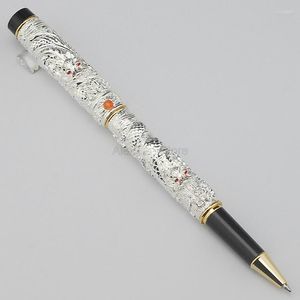 Jinhao Business Rollerball Pen Silver Small Double Dragon Play Pearl Metal Carving Embossing Heavy for Office School