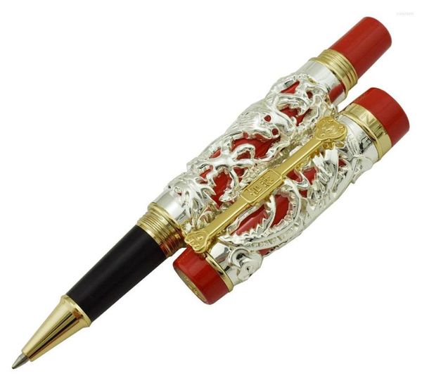 Jinhao Dragon Phoenix Vintage Lujoso Rollerball Pen Metal Tallado Relieve Pesado Noble Plata Rojo Para Oficina Escuela