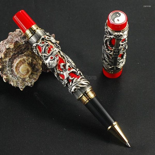 Jinhao – stylo à bille roulante Vintage, grand Dragon phénix, sculpture en métal, gaufrage, lourd, Noble, gris, rouge, pour bureau, école