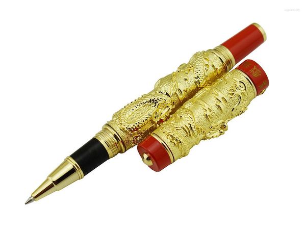 Jinhao Vintage lujoso bolígrafo Rollerball doble dragón jugando perla Metal tallado en relieve pesado oro rojo para oficina