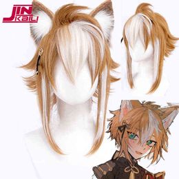 JINKAILI Genshin Impact Goro 35cm marrón mezclado blanco Anime Cosplay peluca con flequillo Kamado Nezuko Kitagawa Marin Pink220505